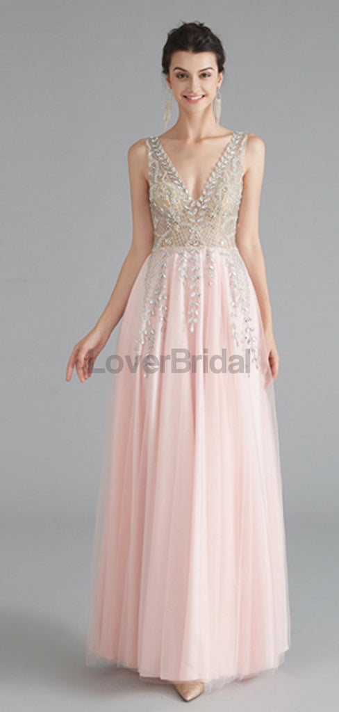 V Neck Chiffon Heavily Beaded Pink Evening Prom Dresses, Evening Party Prom Dresses, 12122