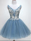 V Neck Dusty Blue Applique Cheap Short Homecoming Dresses Online, Cheap Short Prom Dresses, CM825