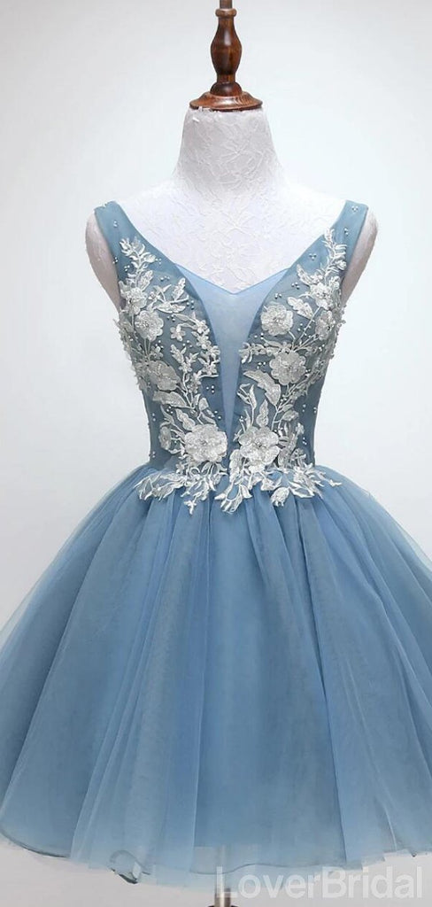 V Neck Dusty Blue Applique Cheap Short Homecoming Dresses Online, Cheap Short Prom Dresses, CM825