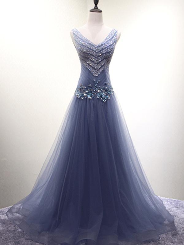 V Neck Dusty Blue Beaded A-line Long Evening Prom Dresses, 17620