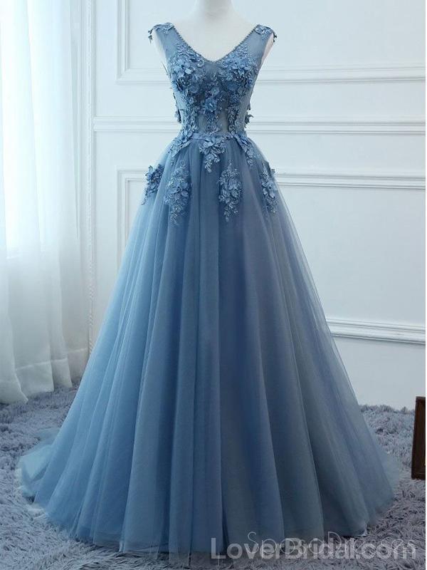 V Neck Dusty Blue Lace Beaded Long Evening Prom Dresses, Cheap Custom Party Prom Dresses, 18585