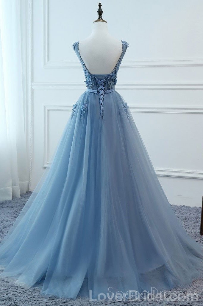 V Neck Dusty Blue Lace Beaded Long Evening Prom Dresses, Cheap Custom Party Prom Dresses, 18585