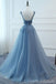 V Neck Dusty Blue Lace Beaded Long Evening Prom Dresses, Cheap Custom Party Prom Dresses, 18585