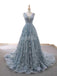 V Neck Dusty Blue Lace Long Evening Prom Dresses, Evening Party Prom Dresses, 12230