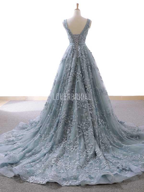 V Neck Dusty Blue Lace Long Evening Prom Dresses, Evening Party Prom Dresses, 12230