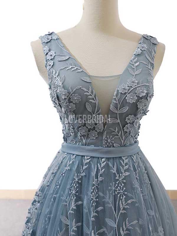 V Neck Dusty Blue Lace Long Evening Prom Dresses, Evening Party Prom Dresses, 12230