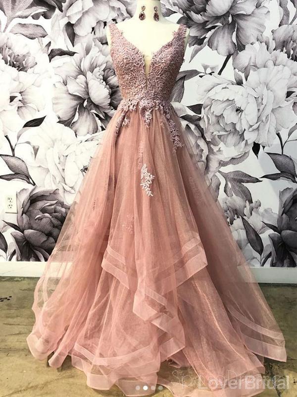 V-neck Dusty Peach Tulle A-line Long Evening Prom Dresses, Cheap Party Custom  Prom Dresses, 18624