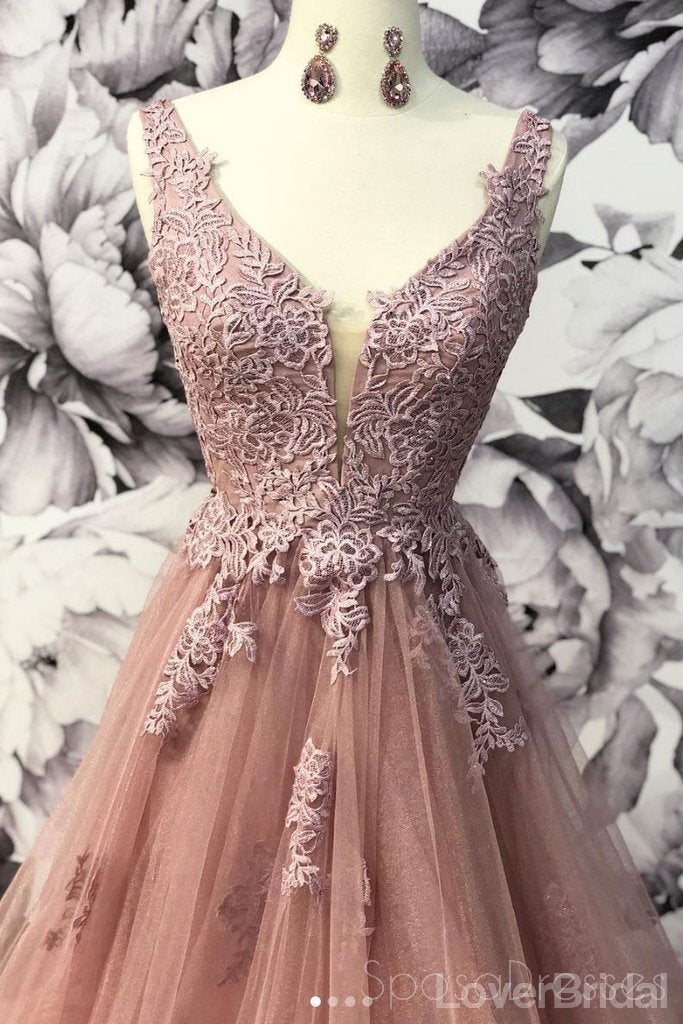 V-neck Dusty Peach Tulle A-line Long Evening Prom Dresses, Cheap Party Custom  Prom Dresses, 18624