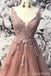 V-neck Dusty Peach Tulle A-line Long Evening Prom Dresses, Cheap Party Custom  Prom Dresses, 18624