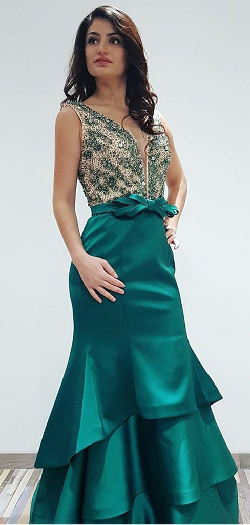 V Neck Emerald Green Mermaid Long Evening Prom Dresses, Cheap Sweet 16 Dresses, 18338