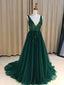 V Neck Emerald Green Tulle  A line Long Custom Evening Prom Dresses, 17452