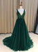 V Neck Emerald Green Tulle  A line Long Custom Evening Prom Dresses, 17452