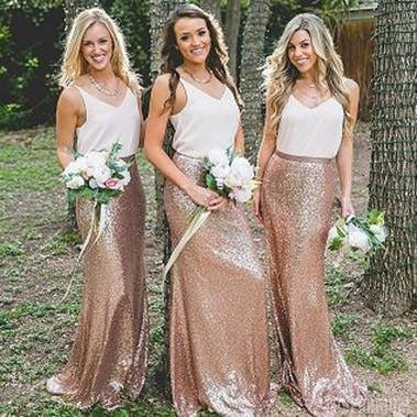 V Neck Gold Sequin Skirt Long Cheap Bridesmaid Dresses, WG102