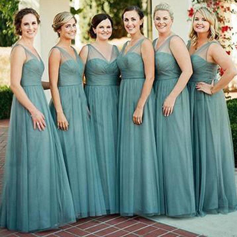 V Neck Green Custom Tulle Long Cheap Bridesmaid Dresses Online, WG341