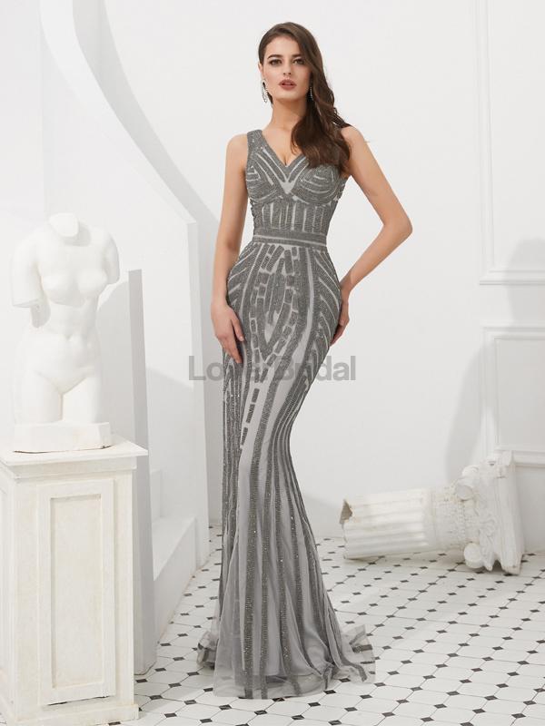 V Neck Grey Beaded Mermaid Evening Prom Dresses, Evening Party Prom Dresses, 12089