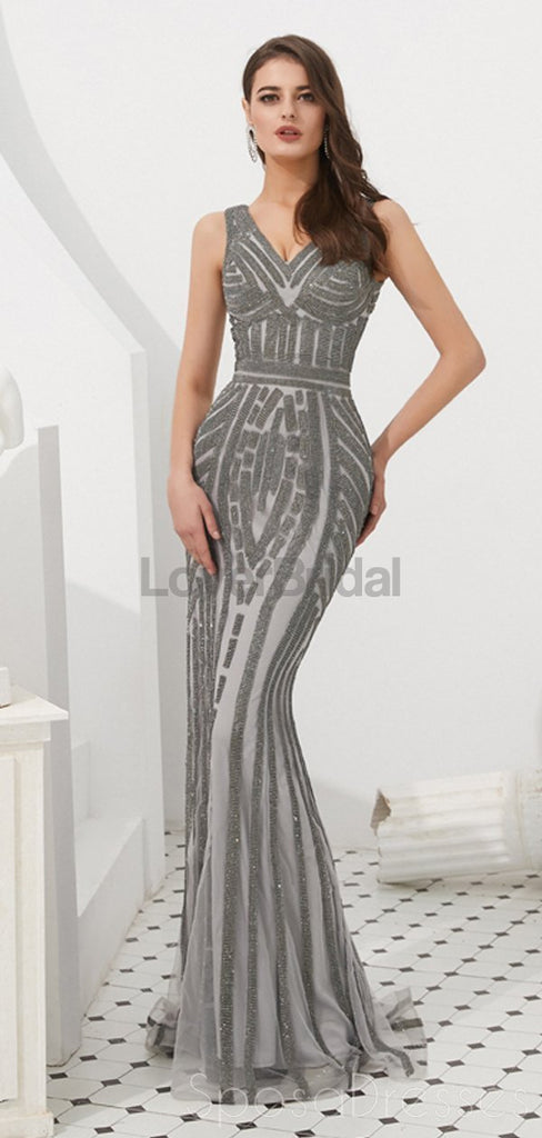 V Neck Grey Beaded Mermaid Evening Prom Dresses, Evening Party Prom Dresses, 12089