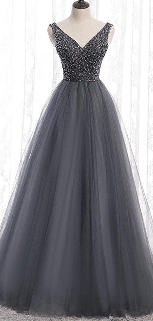 V Neck Grey Beaded Tulle Long Cheap Evening Prom Dresses, Evening Party Prom Dresses, 12331