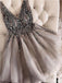 V Neck Grey Heavily Beaded Rhinestone Short Homecoming Dresses Online, CM672