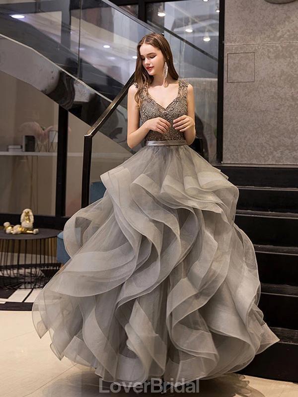 V Neck Grey Heavily Beaded Ruffle Ball Gown Evening Prom Dresses, Evening Party Prom Dresses, 12208