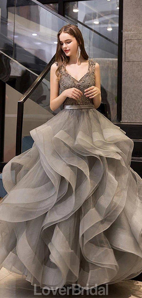 V Neck Grey Heavily Beaded Ruffle Ball Gown Evening Prom Dresses, Evening Party Prom Dresses, 12208