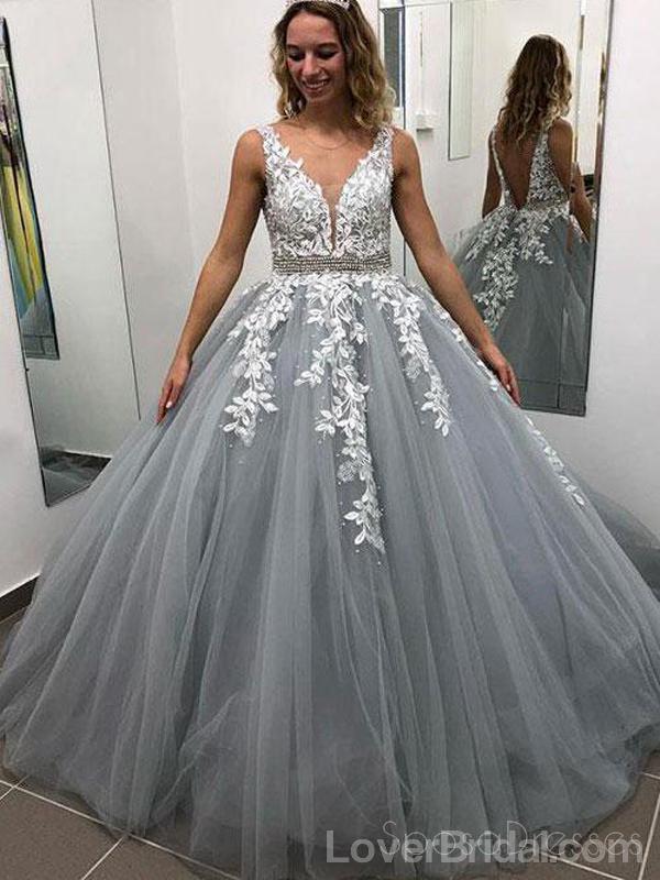 V Neck Grey Lace Ball Gown Long Evening Prom Dresses, Cheap Custom Party Prom Dresses, 18582