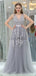 V Neck Grey Tulle A-line Evening Prom Dresses, Evening Party Prom Dresses, 12108