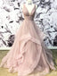 V-Neck Grey Tulle A-line Long Evening Prom Dresses, Cheap Party Custom Prom Dresses, 18628