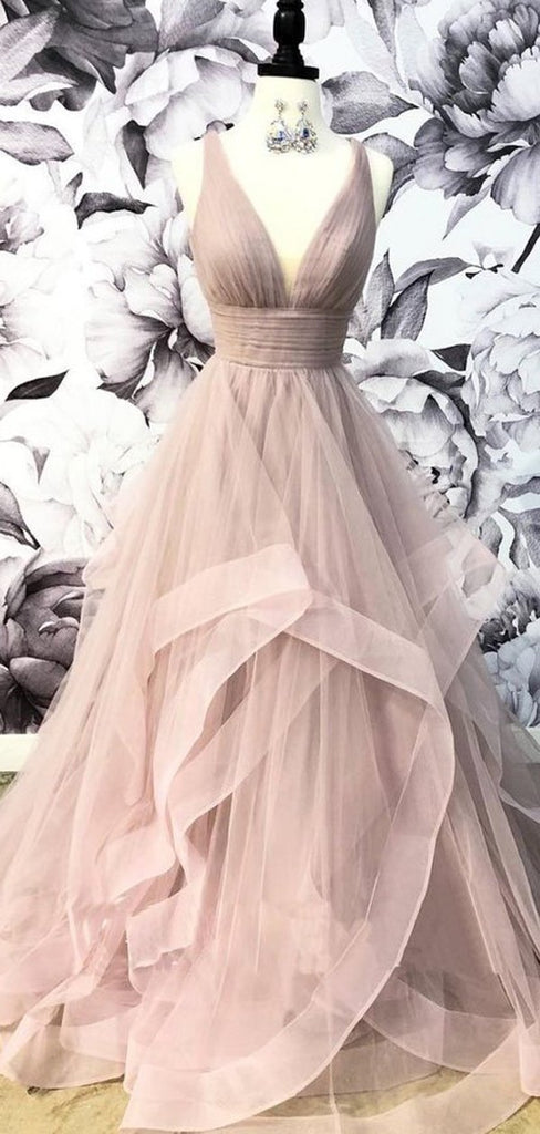 V-Neck Grey Tulle A-line Long Evening Prom Dresses, Cheap Party Custom Prom Dresses, 18628