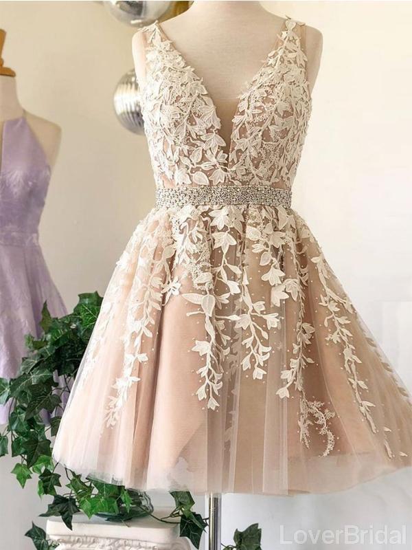 V Neck Lace Beaded Belt Cheap Homecoming Dresses Online, Cheap Short Prom Dresses, CM817