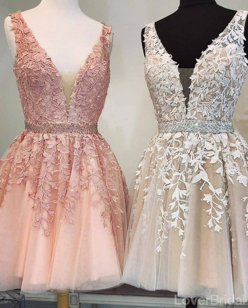 V Neck Lace Beaded Belt Cheap Homecoming Dresses Online, Cheap Short Prom Dresses, CM817