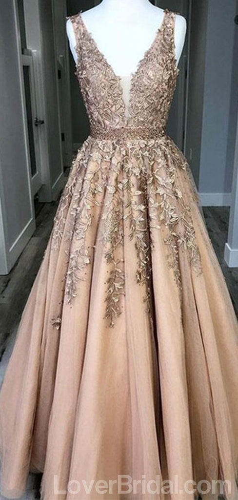 V Neck Lace Beaded Long Evening Prom Dresses, Cheap Custom Party Prom Dresses, 18600