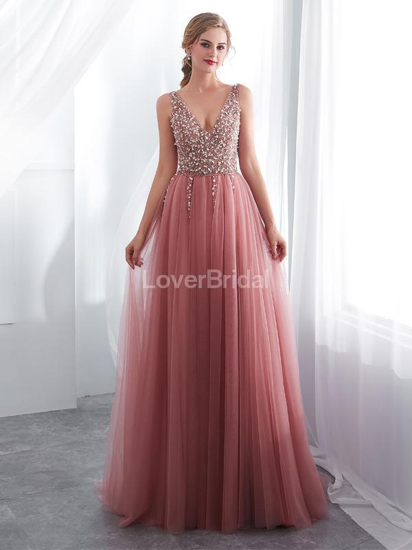 V Neck Lace Beaded Peach Evening Prom Dresses, Evening Party Prom Dresses, 12022