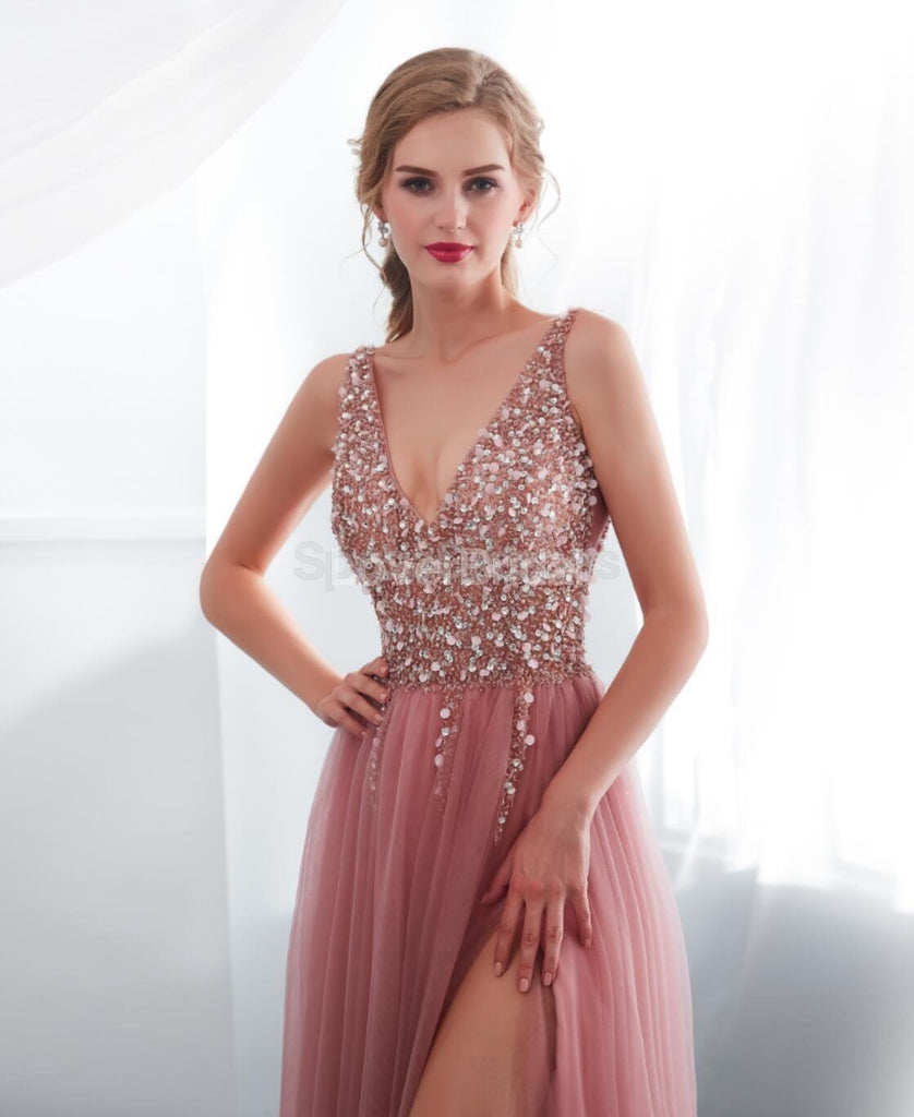 V Neck Lace Beaded Peach Evening Prom Dresses, Evening Party Prom Dresses, 12022