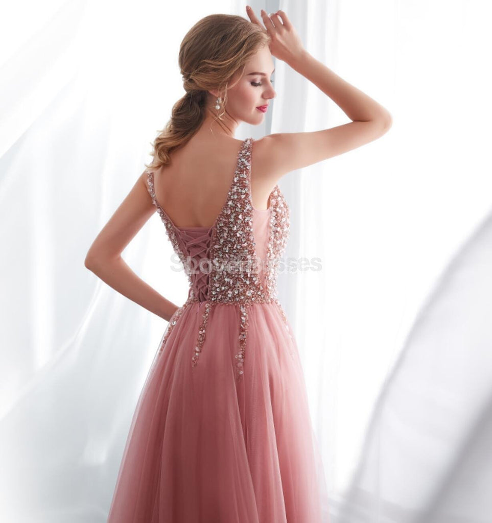 V Neck Lace Beaded Peach Evening Prom Dresses, Evening Party Prom Dresses, 12022