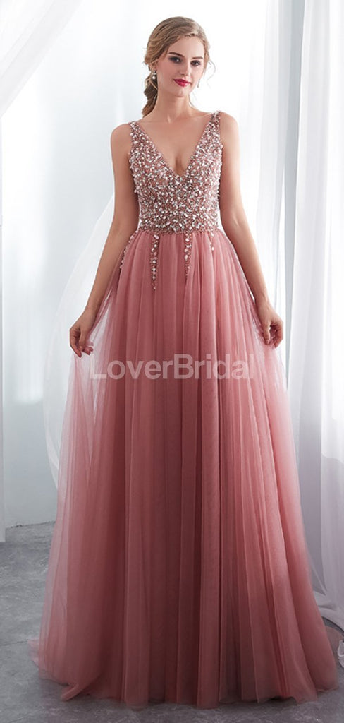 V Neck Lace Beaded Peach Evening Prom Dresses, Evening Party Prom Dresses, 12022