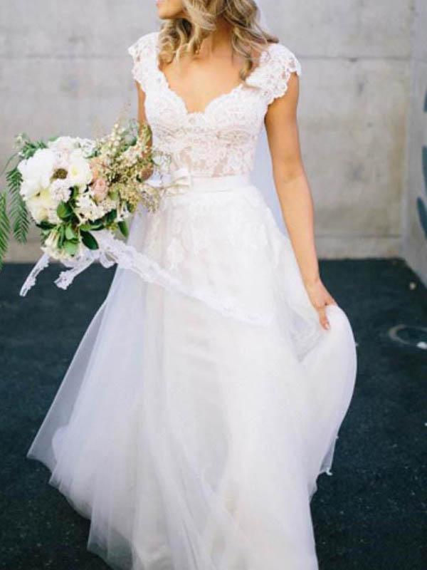 V Neck Lace Cap Sleeves Cheap Custom Long Wedding Bridal Dresses, WD289