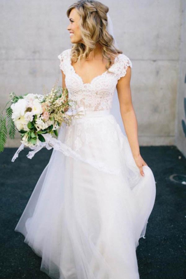 V Neck Lace Cap Sleeves Cheap Custom Long Wedding Bridal Dresses, WD289