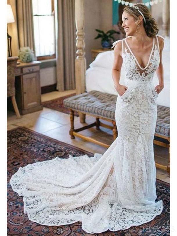 V-neck Lace Mermaid Cheap Wedding Dresses Online, Cheap Lace Bridal Dresses, WD478