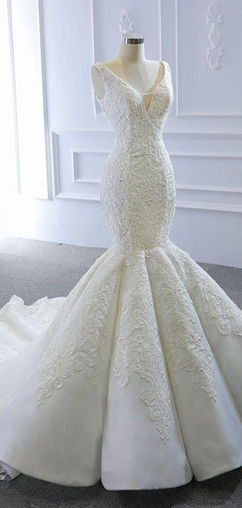 V Neck Lace Mermaid Wedding Dresses, Cheap Wedding Gown, WD716