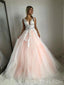 V Neck Lace Peach Tulle A-line Long Evening Prom Dresses, Cheap Sweet 16 Dresses, 18429