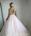 V Neck Lace Peach Tulle A-line Long Evening Prom Dresses, Cheap Sweet 16 Dresses, 18429