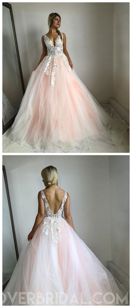 V Neck Lace Peach Tulle A-line Long Evening Prom Dresses, Cheap Sweet 16 Dresses, 18429