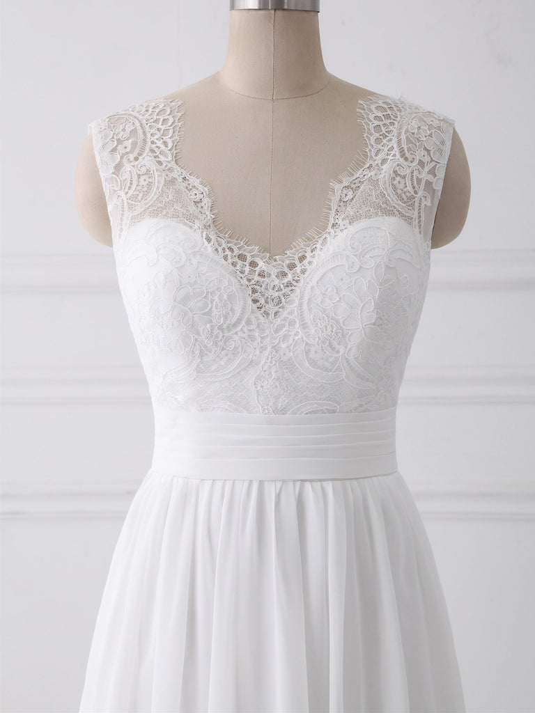 V Neck Lace Straps Simple Custom Cheap Beach Wedding Dresses, WD317