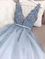 V Neck Light Blue Beaded Cheap Evening Prom Dresses, Evening Party Prom Dresses, 12166