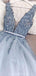 V Neck Light Blue Beaded Cheap Evening Prom Dresses, Evening Party Prom Dresses, 12166