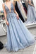 V Neck Light Blue Beaded Cheap Evening Prom Dresses, Evening Party Prom Dresses, 12166