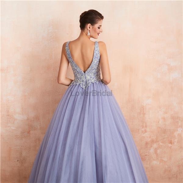 V Neck Lilac Lace Beaded A-line Long Evening Prom Dresses, Evening Party Prom Dresses, 12133