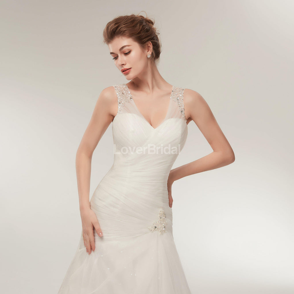 V Neck Mermaid Beaded Cheap Wedding Dresses Online, Unique Bridal Dresses, WD564