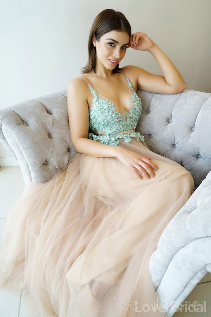 V-neck Mint Lace Tulle A-line Long Evening Prom Dresses, Cheap Party Custom  Prom Dresses, 18622