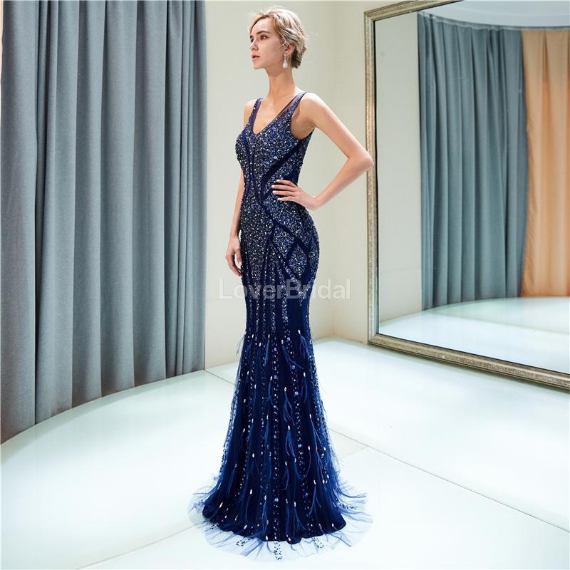 V Neck Navy Sparkly Heavily Beaded Mermaid Evening Prom Dresses, Evening Party Prom Dresses, 12036